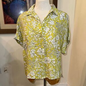 Rachel Ashwell Lime/ Yellow Floral 100% LINEN Boxy Button Down Shirt MEDIUM